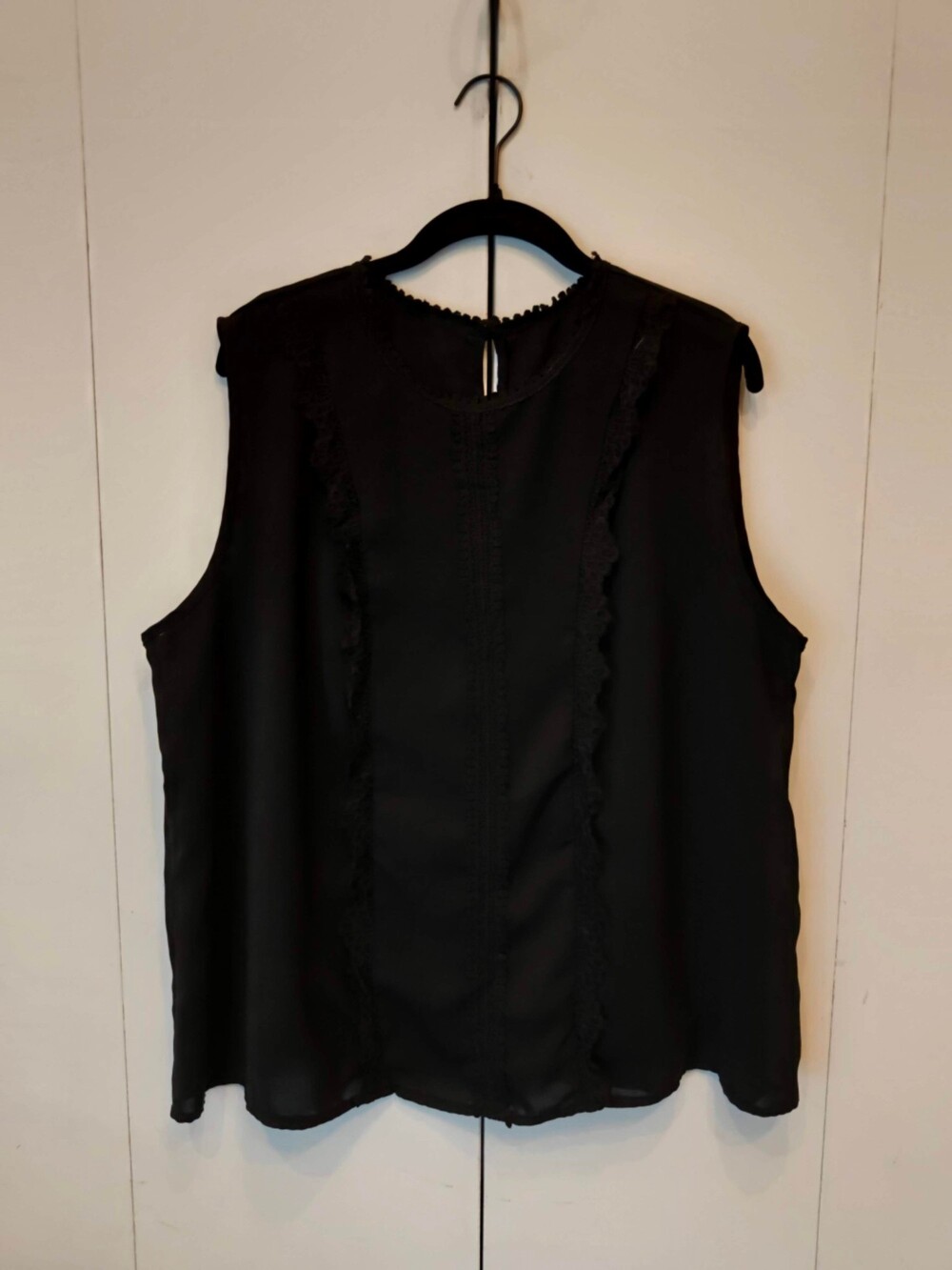 Black Sleeveless Blouse Ruffle Trim Keyhole Back Button Top